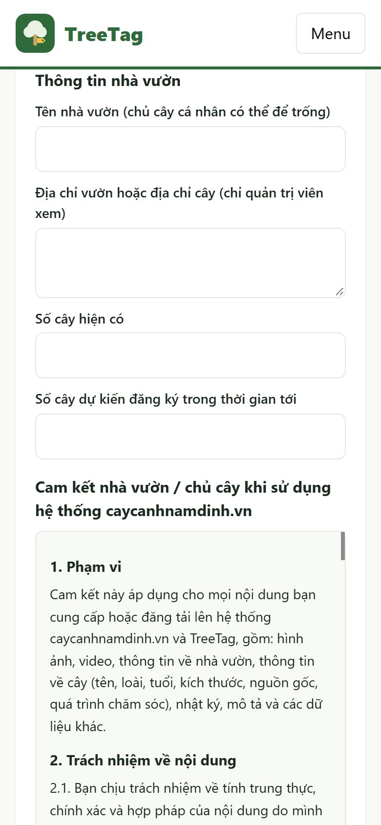 Form đăng ký: thông tin nhà vườn và Cam kết