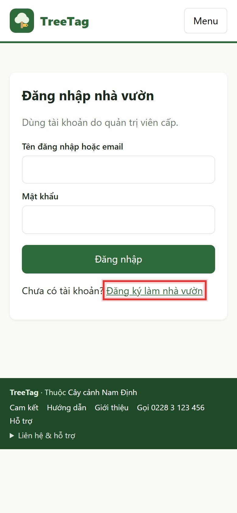 Trang đăng nhập có liên kết Đăng ký làm nhà vườn