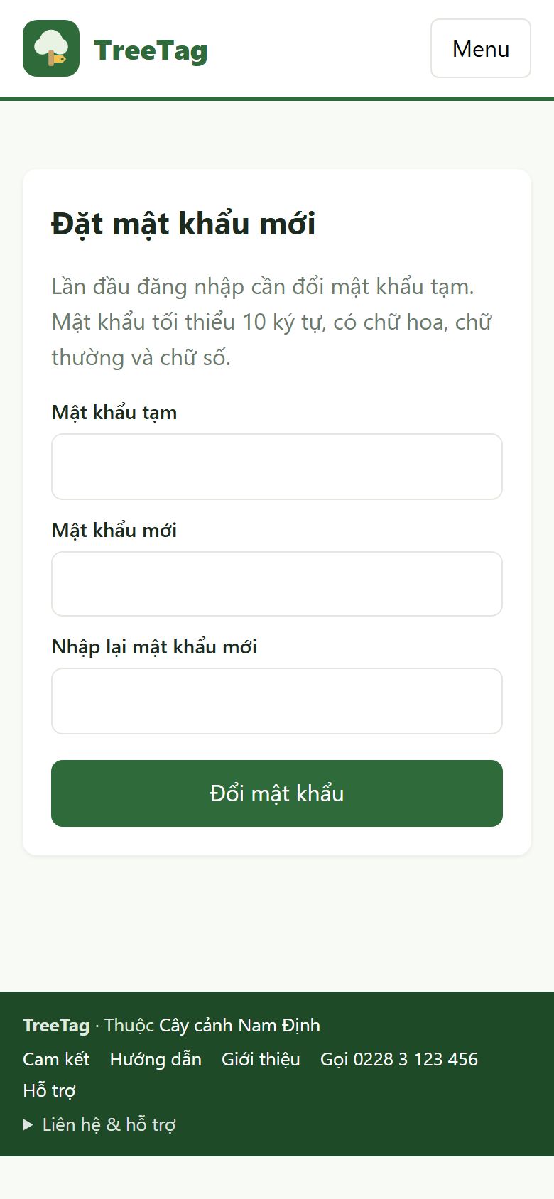 Màn hình đặt mật khẩu mới