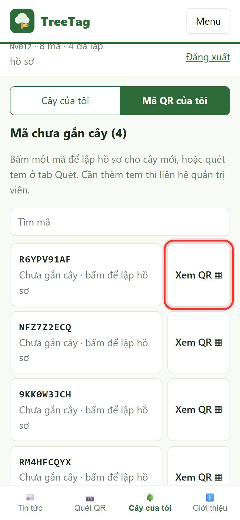 Danh sách mã chưa gắn cây có nút Xem QR
