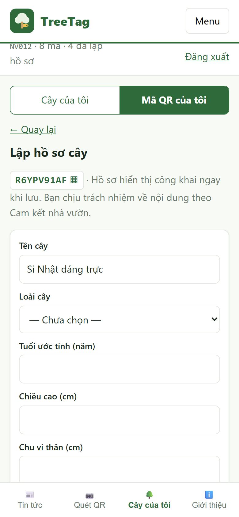 Form lập hồ sơ cây