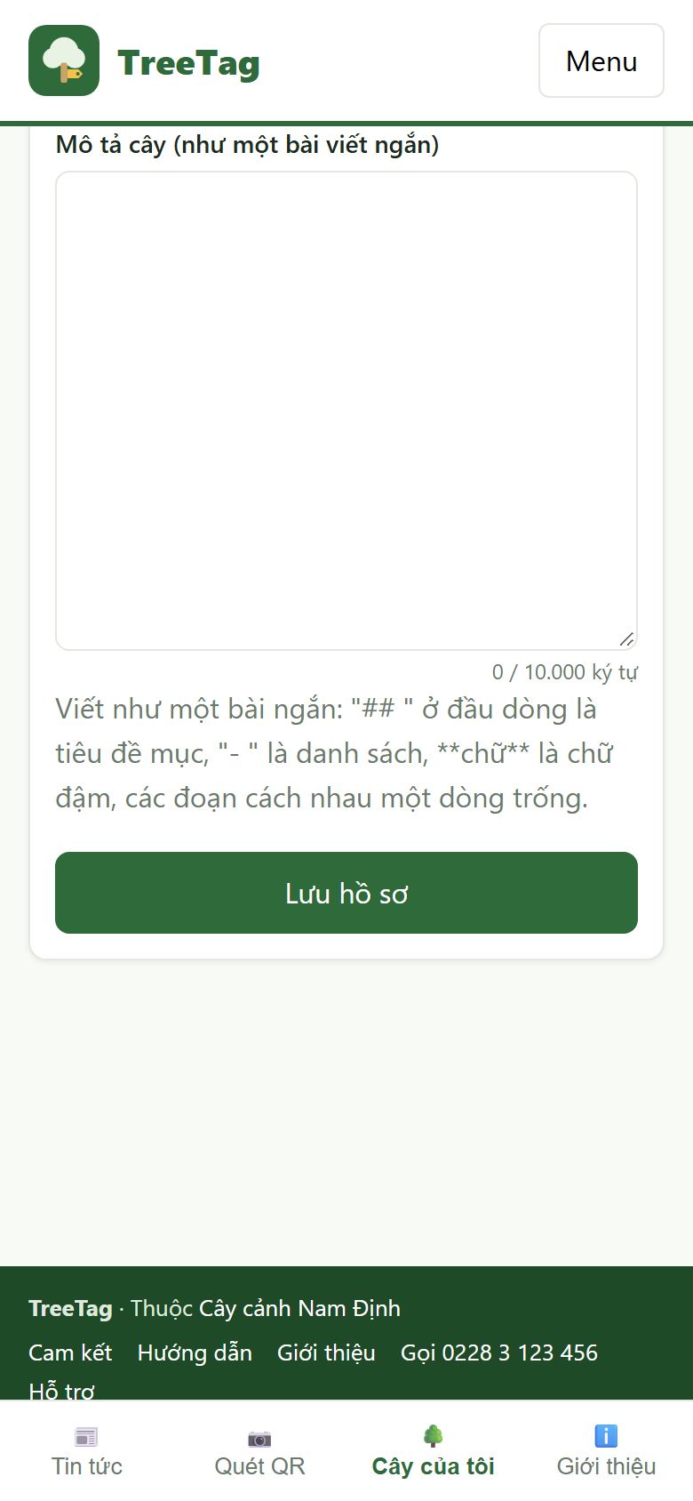 Ô mô tả cây và nút Lưu hồ sơ