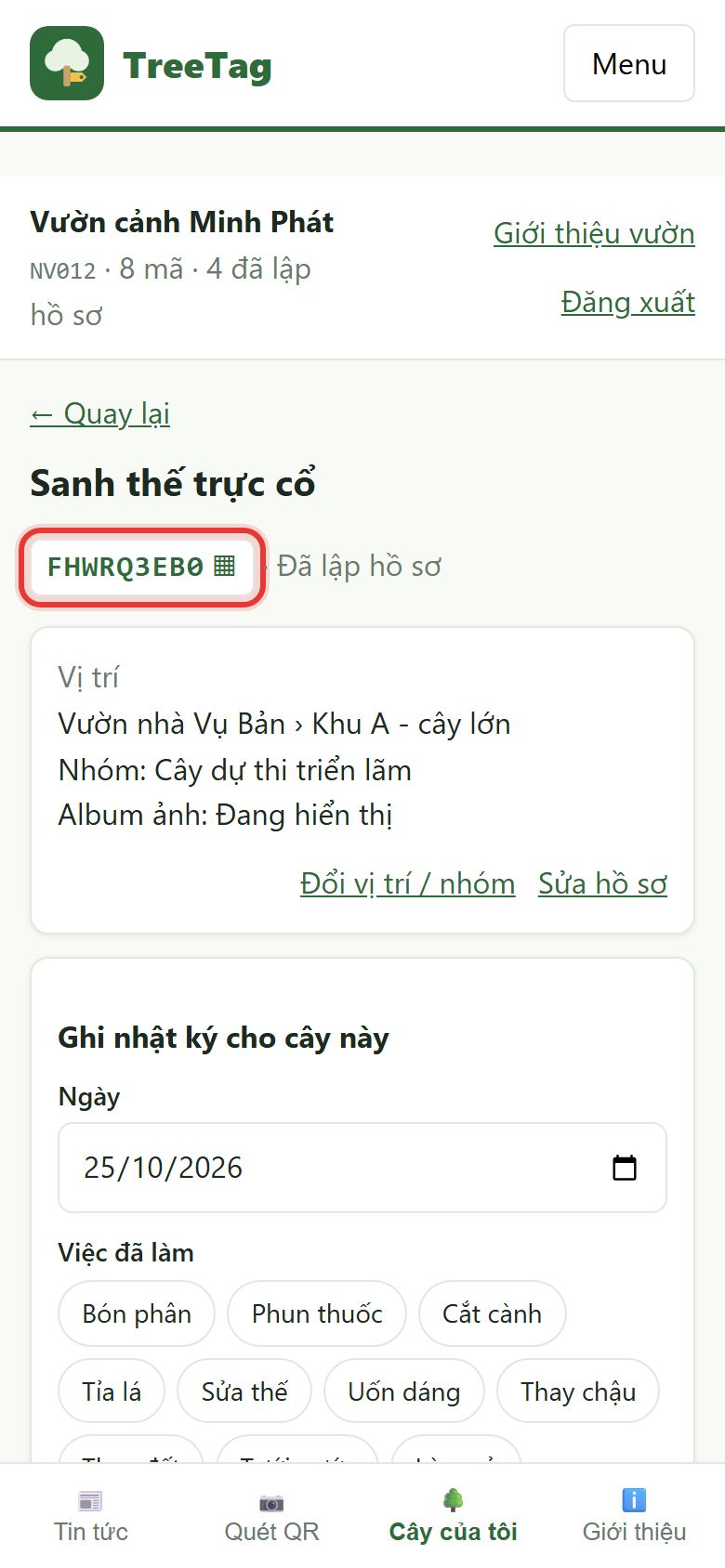 Màn hình chi tiết cây