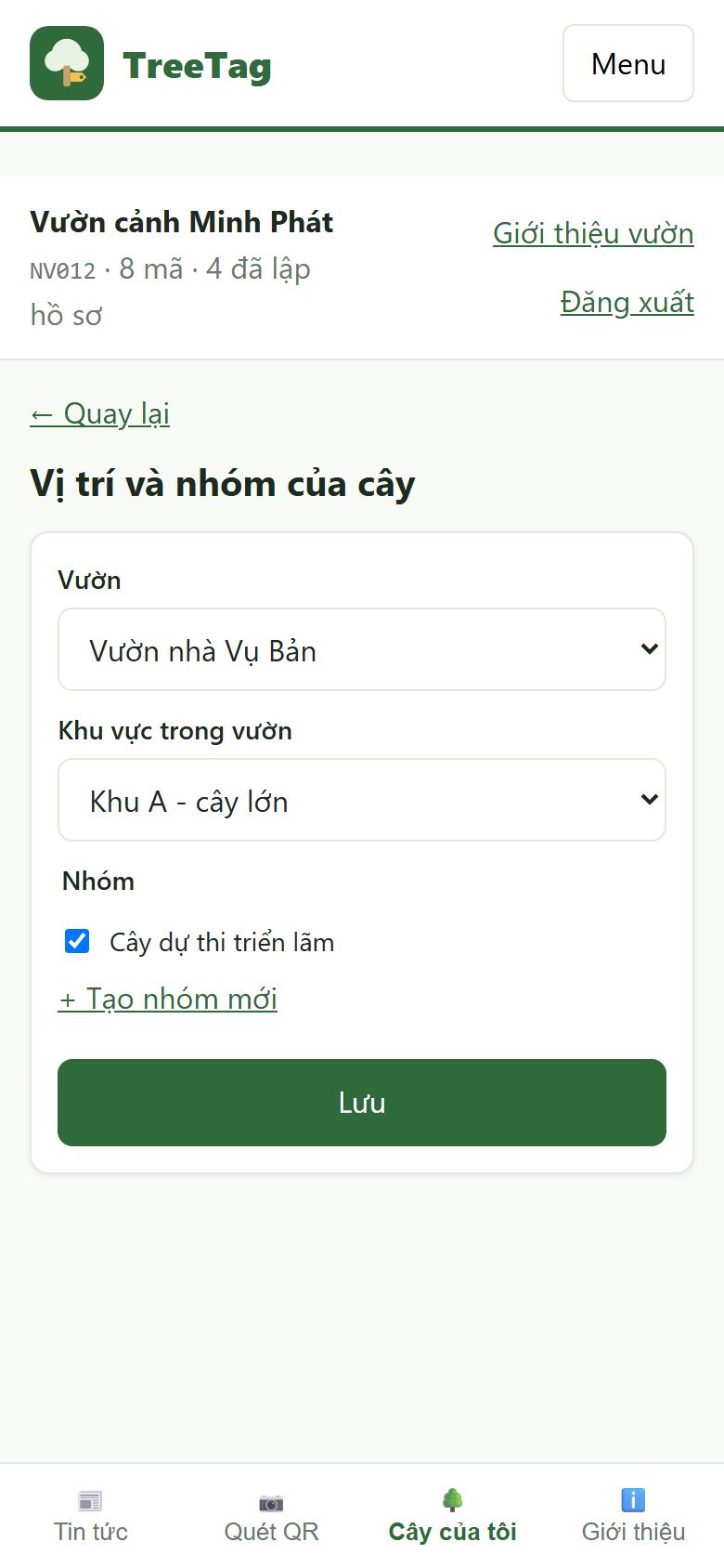 Chọn vườn, khu vực và nhóm cho cây