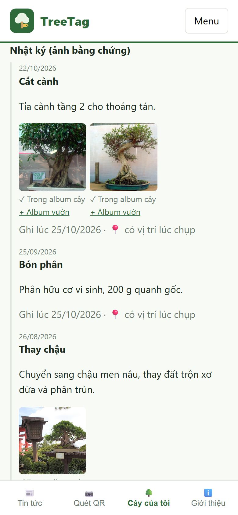 Danh sách nhật ký của cây