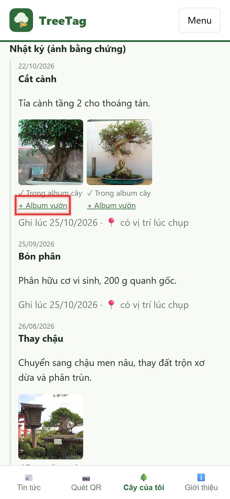 Nút + Album cây và + Album vườn dưới ảnh nhật ký