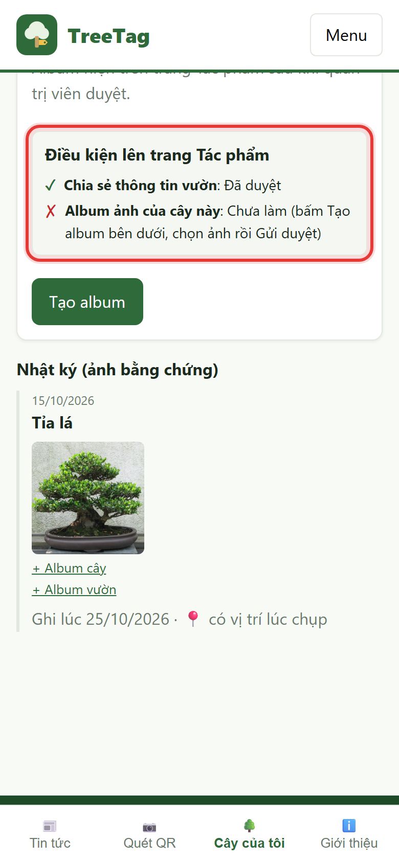 Bảng điều kiện lên trang Tác phẩm trong album ảnh của cây