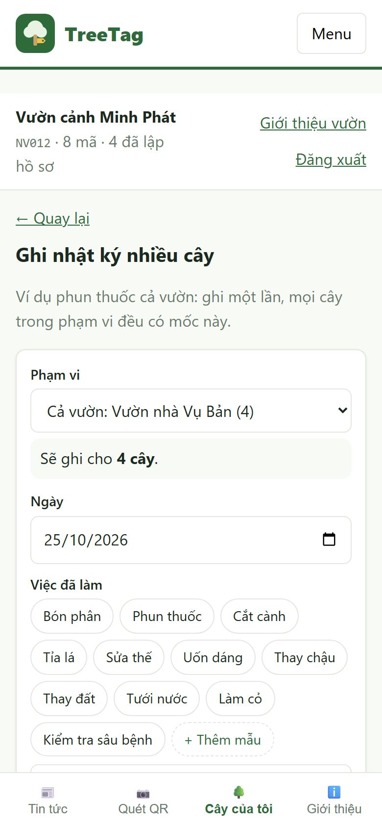 Form ghi nhật ký nhiều cây theo phạm vi