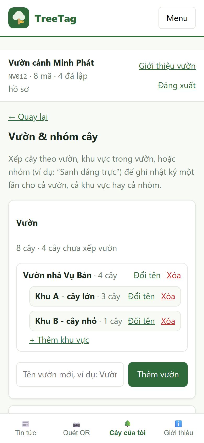 Quản lý vườn, khu vực và nhóm