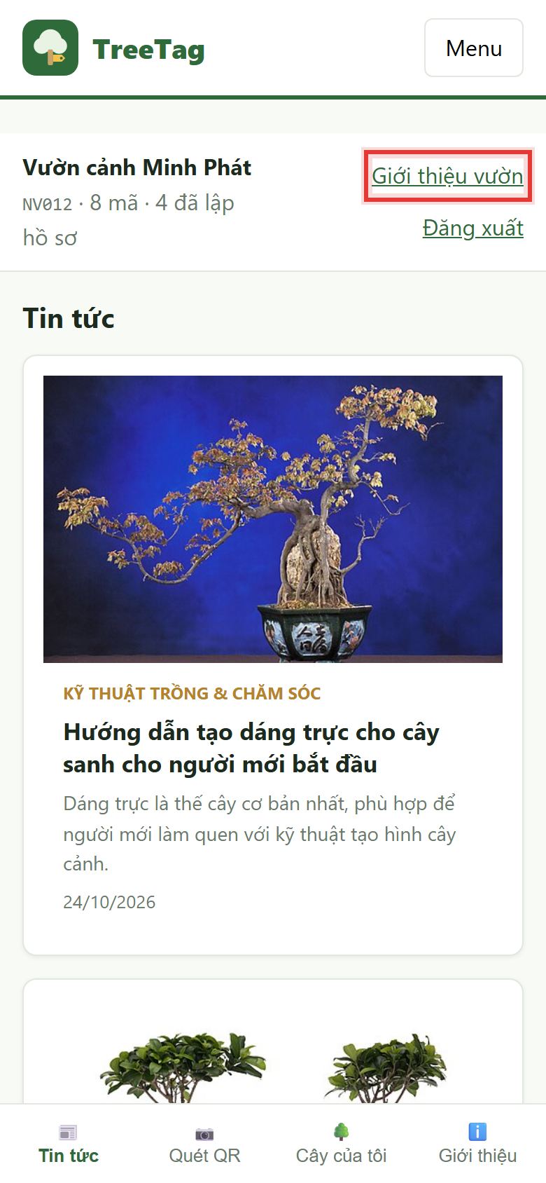 Nút Giới thiệu vườn ở đầu màn hình