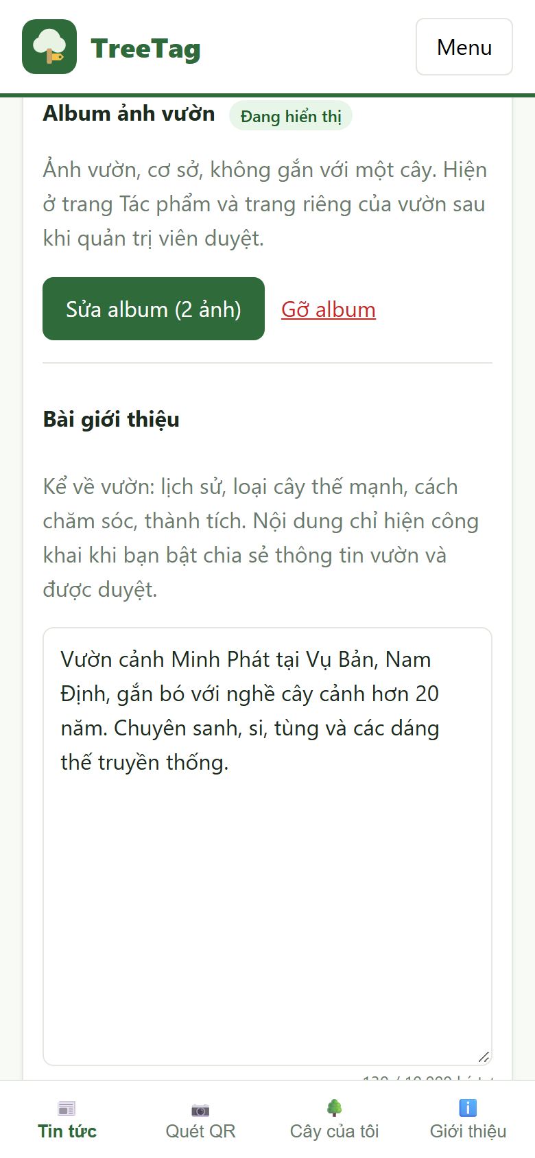 Album ảnh vườn và bài giới thiệu