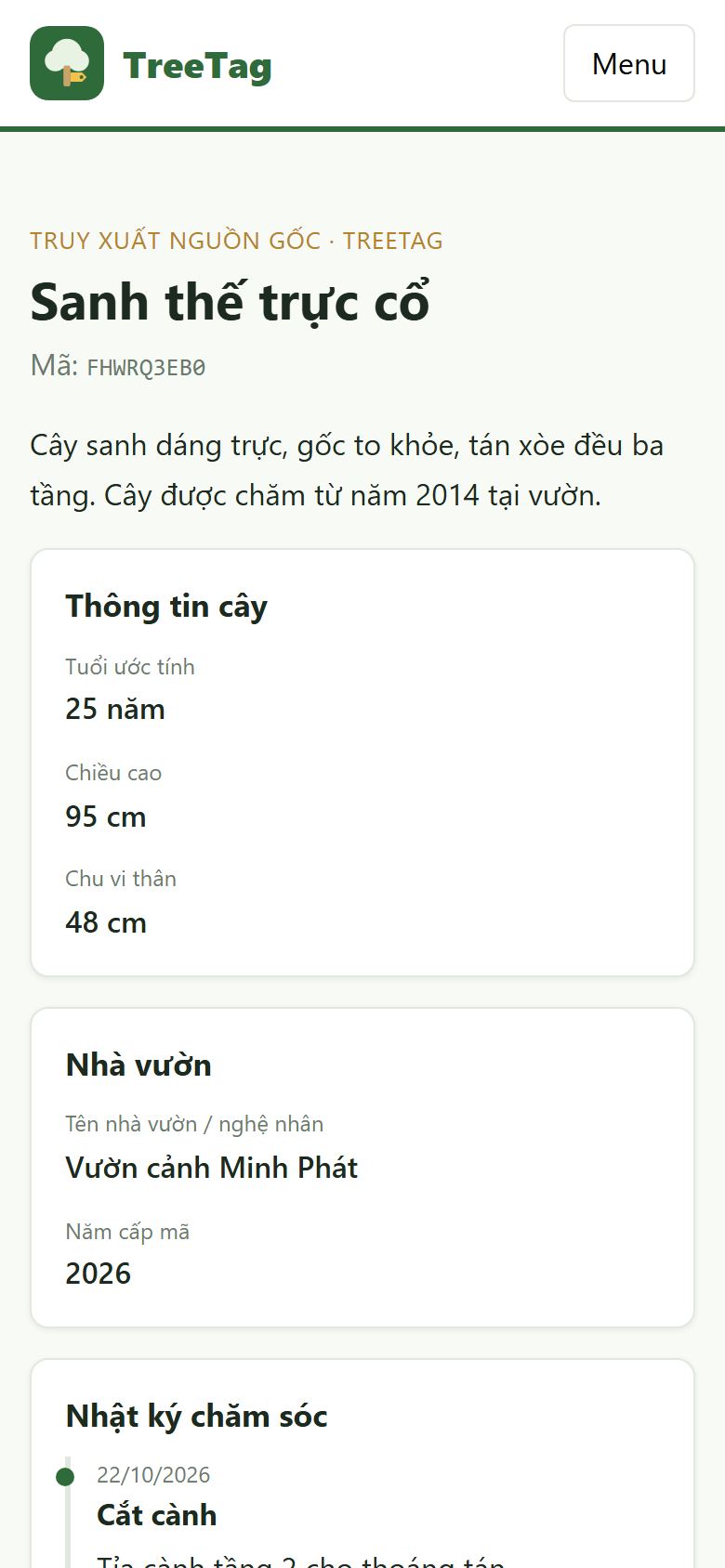Trang hồ sơ công khai của cây khi quét tem