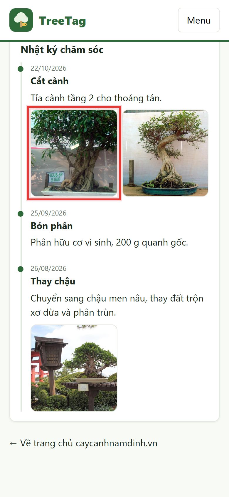 Nhật ký chăm sóc kèm ảnh trên trang công khai
